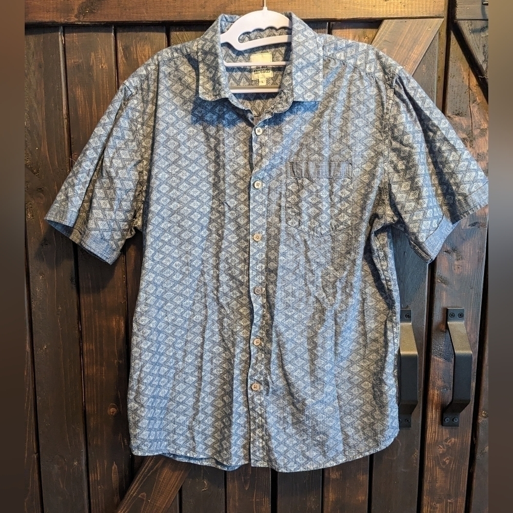 Of All Threads, men's L, blue pattern button front shirt.
